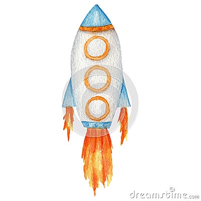 Space rocket launch. Spaceship start isolated watercolor illustration. Cute Cartoon kids space ship. Cartoon Illustration