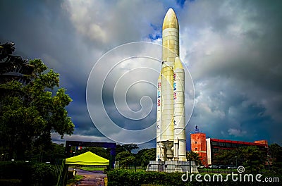 Space rocket monument inside Guiana Space Centre, Kourou, French Guiana Editorial Stock Photo