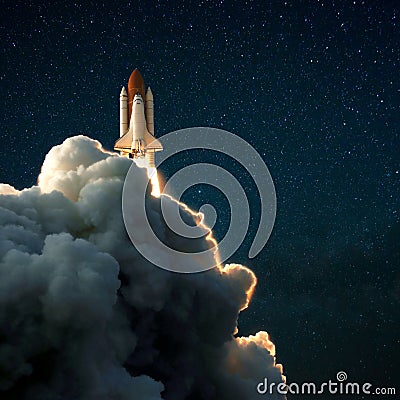 Space rocket shuttle takes off into the starry sky, Spaceship explores space. Editorial Stock Photo