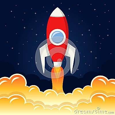 Space Rocket Takes Off from the Moon Vector Illustration