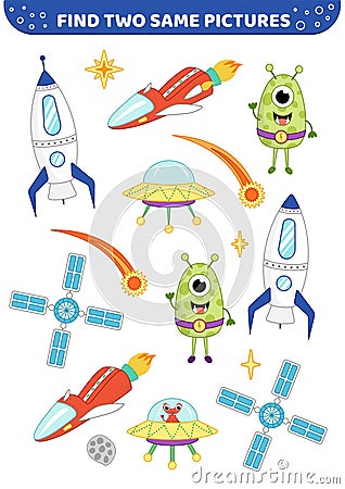 Space rocket, ufo, comet, ship. Find two same pictures. Game for children. Cartoon, vector Vector Illustration