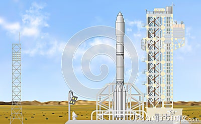 Space rocket on space-vehicle launching site or table consisting of truss construction located in the desert. Spacecraft Vector Illustration