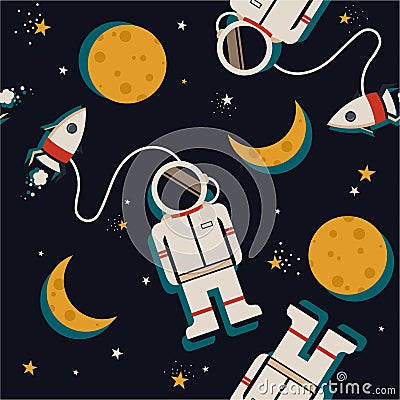 Space rockets, astronauts, moon and stars, colorful seamless pattern Vector Illustration