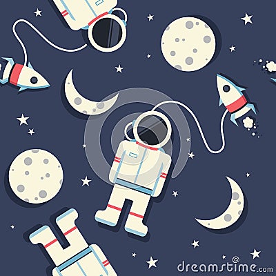 Space rockets, astronauts, moon and stars, colorful seamless pattern Vector Illustration