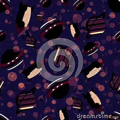 Space rockets, flying sauscrs, planets. Seamless pattern on dark blue background. Vector Illustration
