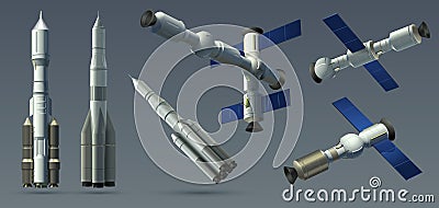 Space rockets. Realistic 3D spaceships and space stations, automatic satellite and interplanetary station mockup. Vector Vector Illustration