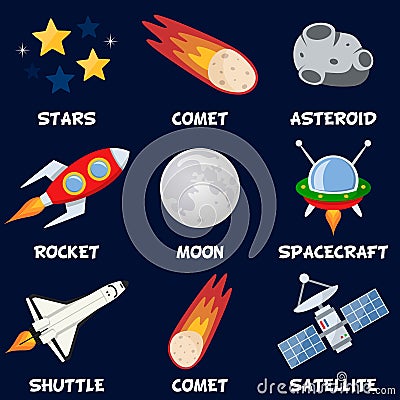 Space Rockets, Satellite & Comets Set Vector Illustration