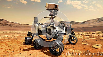 Space rover on red planet like Mars, futuristic vehicle on deserted sandy surface. Alien landscape with working wheeled robot. Stock Photo