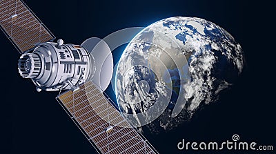 Space satellite communication in orbit around Earth. 3d render orbital sputnik illustration. Elements of this image are furnished Cartoon Illustration