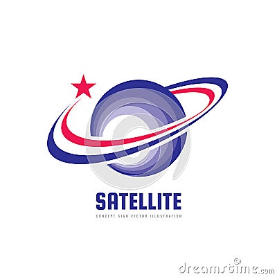 Space satellite vector logo in classic graphic style. Astronomy sign. Abstract planets symbol. Solar system concept illustration. Vector Illustration