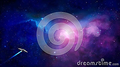 Space scene. Blue and violet nebula with spaceship. Elements fur Stock Photo