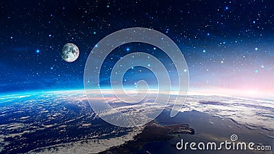 Space scene. Colorful nebula with earth planet and moon with stars. Elements furnished by NASA. 3D rendering Stock Photo