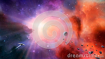 Space scene. Colorful nebula with planet, asteroids and spaceship. Elements furnished by NASA. 3D rendering Stock Photo