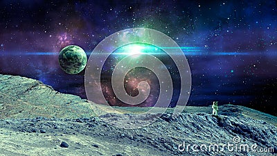 Space scene. Colorful nebula with planet, land and astronaut. Elements furnished by NASA. 3D rendering Stock Photo