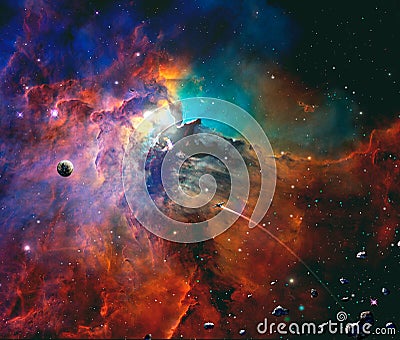 Space scene. Colorful nebula with planet, spaceship and asteroid Stock Photo