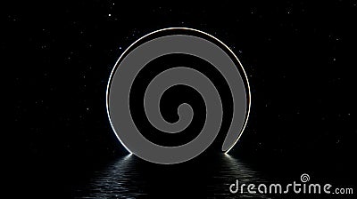 Space scene fantasy portal round gate, star sky neon portal cosmos reflected in water sea. Journey through space glowing portal Stock Photo