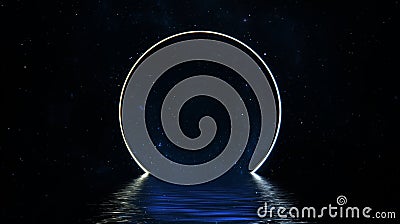 Space scene fantasy portal round gate, star sky neon portal cosmos reflected in water sea. Journey through space glowing portal Stock Photo