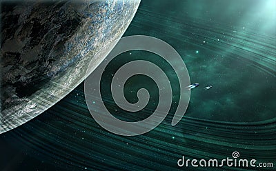 Space scene. Green nebula with planet and planetary ring. Elements furnished by NASA. 3D rendering Cartoon Illustration