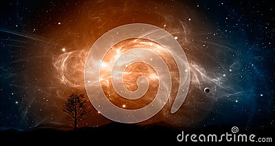 Space scene. Orange and blue nebula with planet and tree, land s Stock Photo