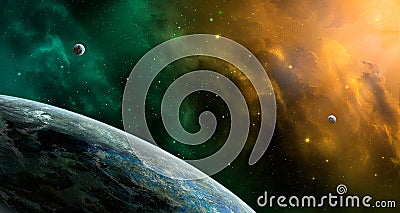 Space scene. Orange and green nebula with planets. Elements furn Stock Photo