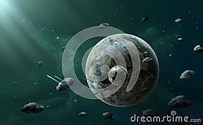 Space scene. Two planet between asteroids with dark green nebula Cartoon Illustration