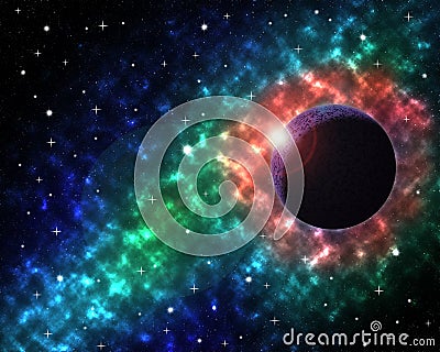 Space scenery with globe planet nebula dusts and clouds and glowing stars in universe background astrological celestial galaxy Stock Photo