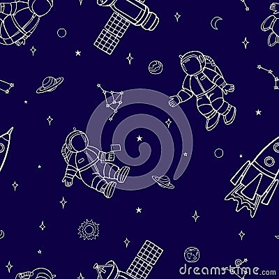 Cartoon flying astronauts and spaceships in outer space among the planets and stars. Seamless vector pattern. Vector Illustration