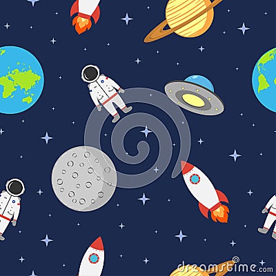 Space seamless background with astronaut, planet, rocket, moon and ufo. Cosmic pattern in flat style. Vector. Vector Illustration