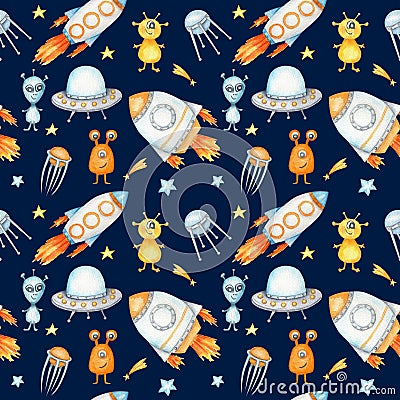 Space Seamless pattern with Astronaut, cosmonaut, Space rocket, Flying saucer UFO, Spaceship, alien, Unidentified flying Stock Photo