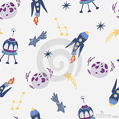 Space seamless pattern. Background with cartoon space rockets, planets, stars. Cosmic. Vector Illustration