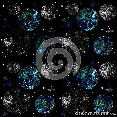 Space seamless pattern on black background with stars, planets and moon Stock Photo