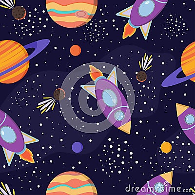 Space seamless pattern. Cosmic illustration with rockets, planets, comets and stars. Cartoon cosmos background Vector Illustration