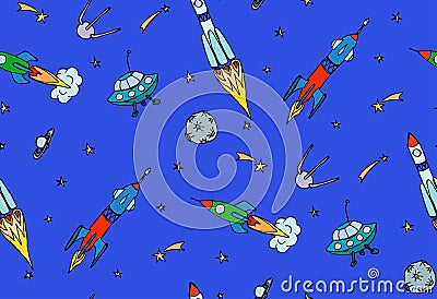 Space seamless pattern with rockets and spaceships. Vector Illustration