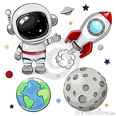 Space set of astronaut, rocket and planets Vector Illustration