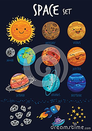 Space set. Collection of cute cartoon planet Vector Illustration