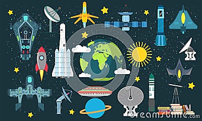 Space set science galaxy astronomy and technology universe cartoon. Explorer planet collection vector illustration. Cosmos icon Vector Illustration