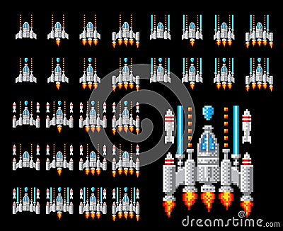 Space Ship Pixel Art Video Arcade Game Cartoon Vector Illustration