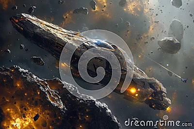 A space ship darts through the vastness of space, navigating through an asteroid field, Space pirates looting a derelict spaceship Stock Photo