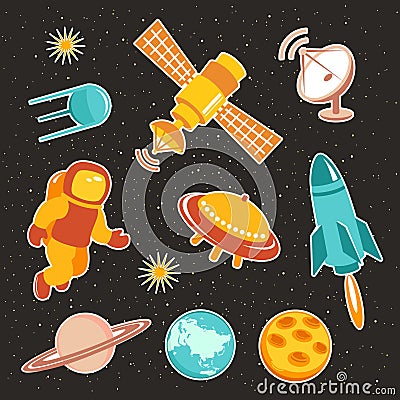 Space ship icons with planets rockets and astronaut Vector Illustration