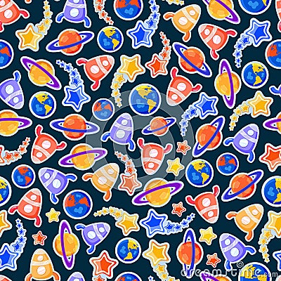 Space Ship and Planet Seamless Cartoon Pattern Stock Photo