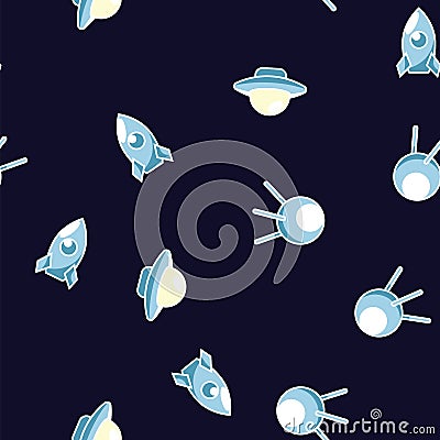 Space ship, ufo, rocket and satellite in night cosmos seamless pattern background. Flying saucer,cosmic rocket and Vector Illustration