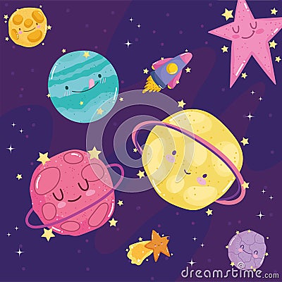 Space shooting star planets spaceship explore adventure cute cartoon Vector Illustration