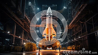 Space shuttle is in assembly shop of plant at night, rocket before start, fantasy view of aerospace factory. Concept of travel, Stock Photo