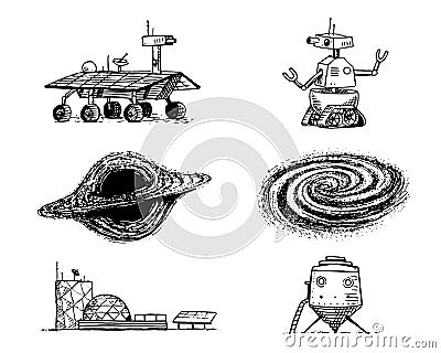 Space shuttle, black hole and galaxy, robot and mars, lunar rover, moonwalker and colony, astronaut exploration Vector Illustration