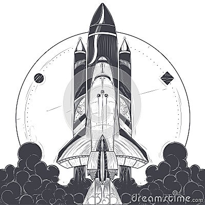 Space shuttle with carrier rockets launch Cartoon Illustration