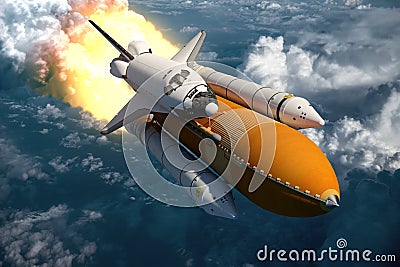 Space Shuttle Flying Over The Clouds Stock Photo