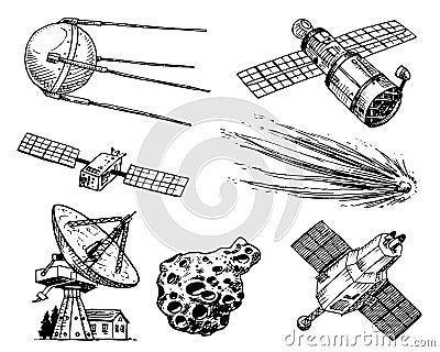 Space shuttle, radio telescope and comet, asteroid and meteorite, astronaut exploration. engraved hand drawn in old Vector Illustration