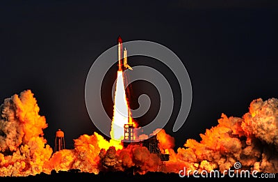 Space Shuttle Rocket Launch at Cape Kennedy - Detailed clouds and flame Stock Photo