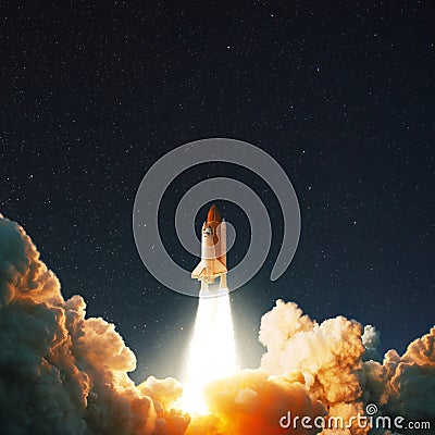 The space shuttle rockets launch into space on the starry sky. Stock Photo