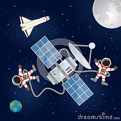 Space Shuttle, Satellite & Astronauts Vector Illustration